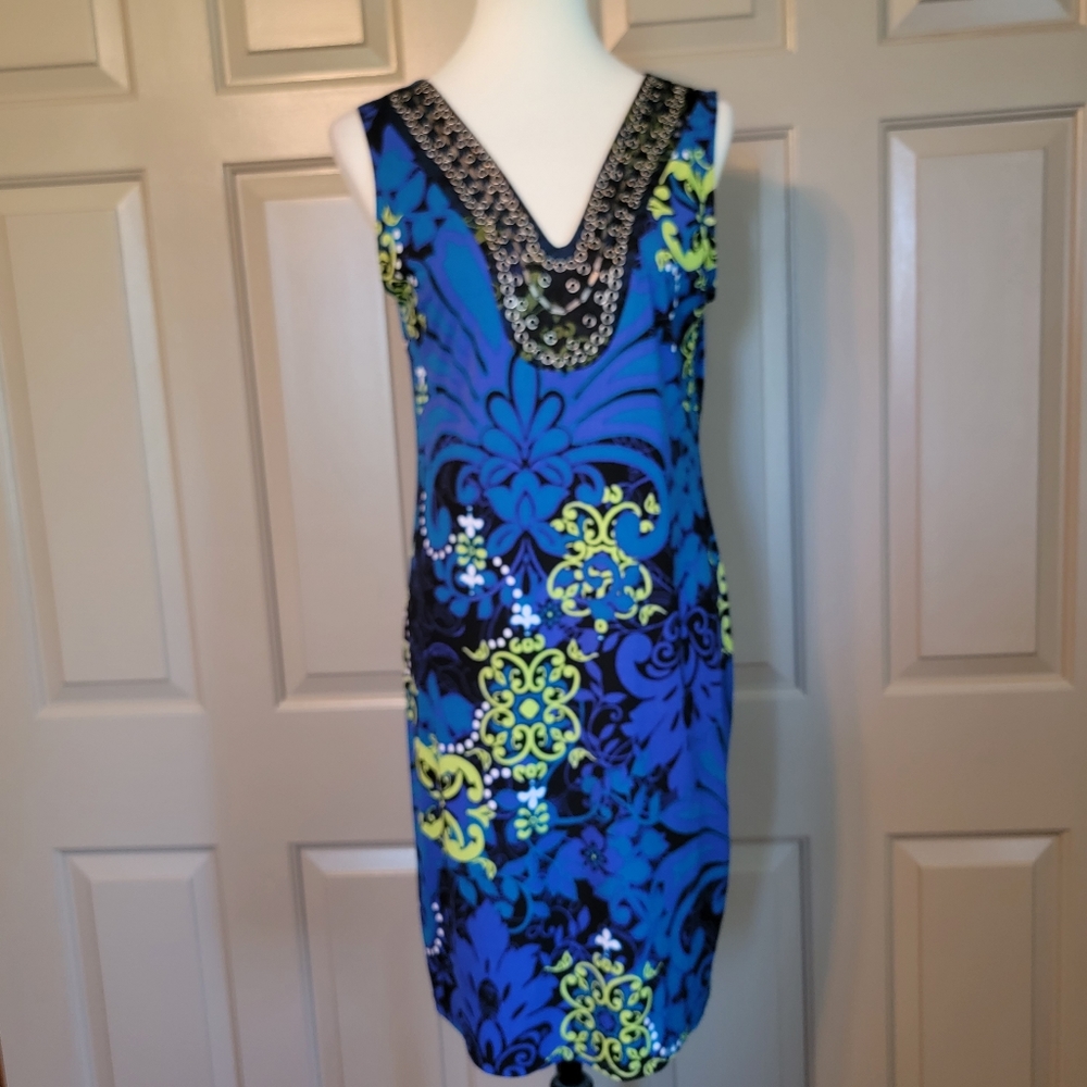 Cato ladies blue and lime green graffic design dress.